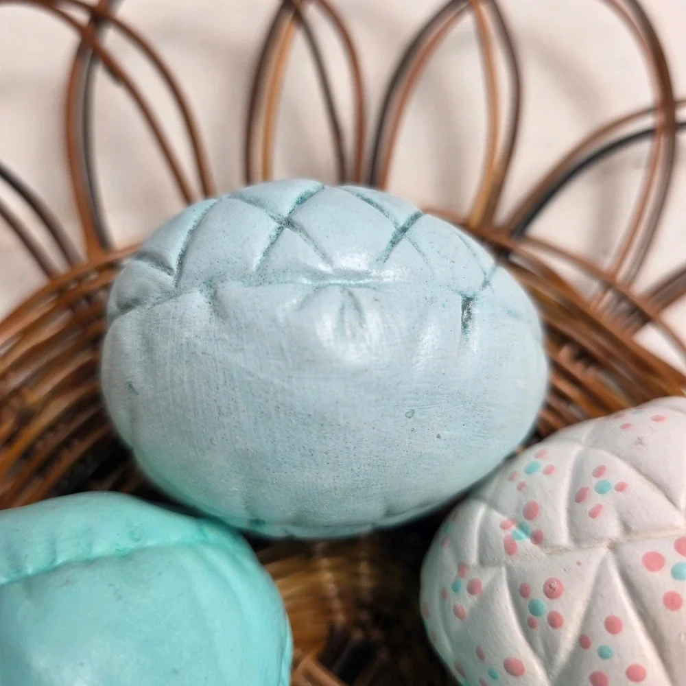 Vintage Quilted Ceramic Easter Egg Set of 6 Hand‎ Painted Blue White Cottagecore